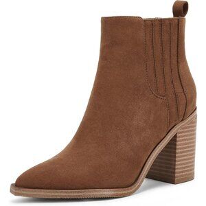 Women Brown Faux Leather Slip on Pointed Toe Chunky Block Mid Heel Booties